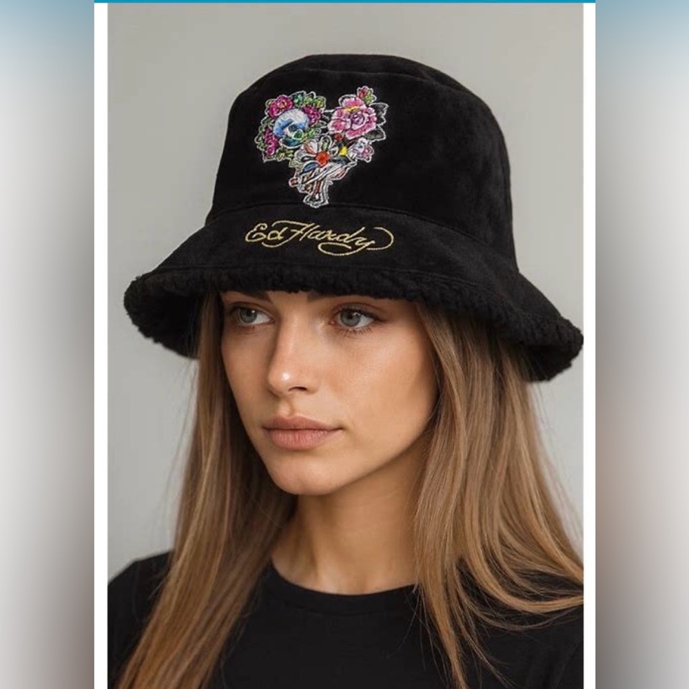 Ed Hardy Black Teddy Bucket Hat with Skull and Roses design